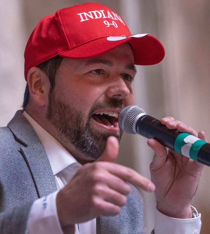 Lt. Gov. Micah Beckwith talks to the crowd during the All In For Indiana gathering, a pro-redistricting rally, Friday, Dec. 5, 2025 at the Indiana Statehouse.