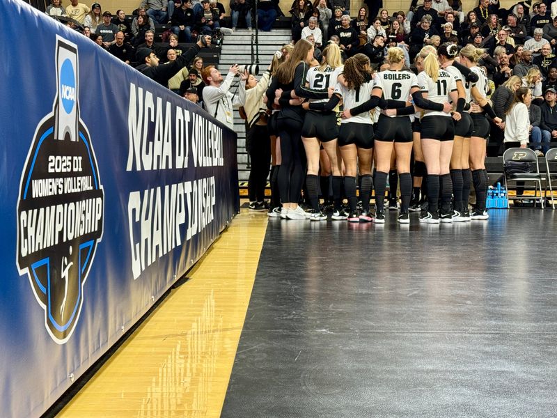 The Purdue volleyball team prepares to play Baylor in the second round of the NCAA Tournament at Holloway Gymnasium in West Lafayette, Indiana, on Dec. 5, 2025.