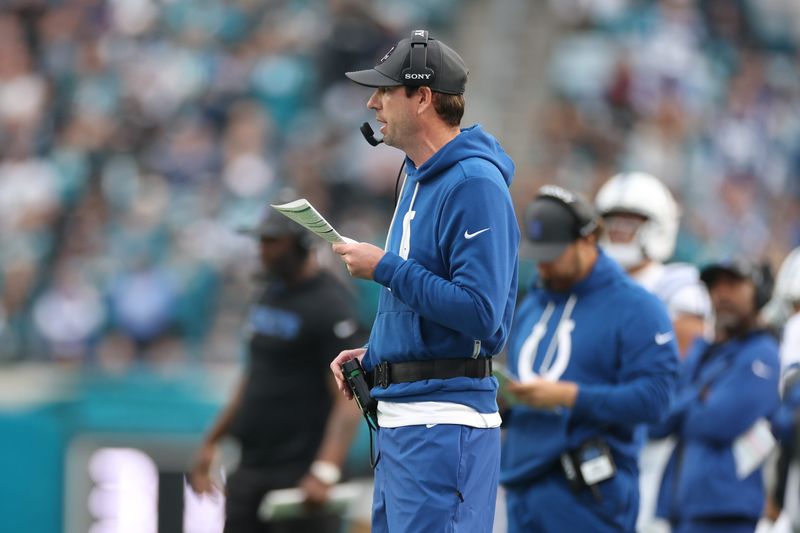 Dec 7, 2025; Jacksonville, Florida, USA; Indianapolis Colts head coach Shane Steichen stands on the sidelines against the Jacksonville Jaguars during the first half at EverBank Stadium. Mandatory Credit: Matt Pendleton-Imagn Images
