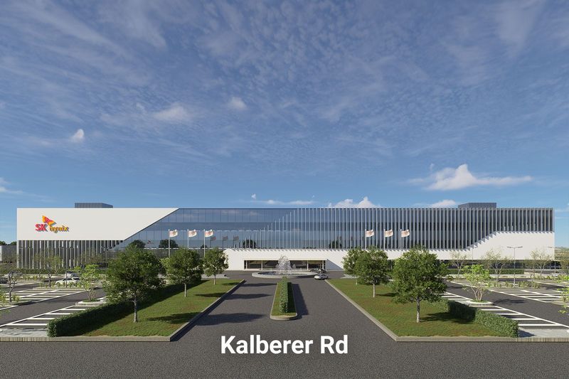 A rendering of the planned SK hynix chip manufacturing facility shows the anticipated view from Kalberer Road in West Lafayette.