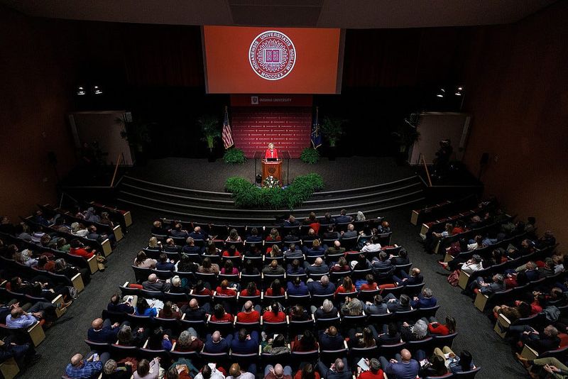 Indiana University President Pamela Whitten delivers her "State of the University" address to a crowd at IU Indianapolis on Dec. 9, 2025.