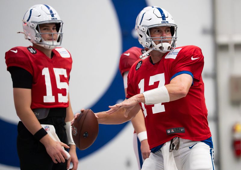 Indianapolis Colts quarterback Philip Rivers (17) drops back to pass Wednesday, Dec. 10, 2025, during practice at the Colts training facility in Indianapolis.