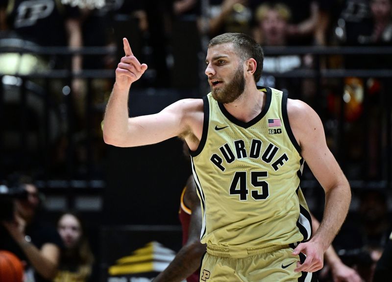 Dec 10, 2025; West Lafayette, Indiana, USA; Purdue Boilermakers center Oscar Cluff (45) celebrates making a basket during the first half against the Minnesota Golden Gophers at Mackey Arena. Mandatory Credit: Marc Lebryk-Imagn Images