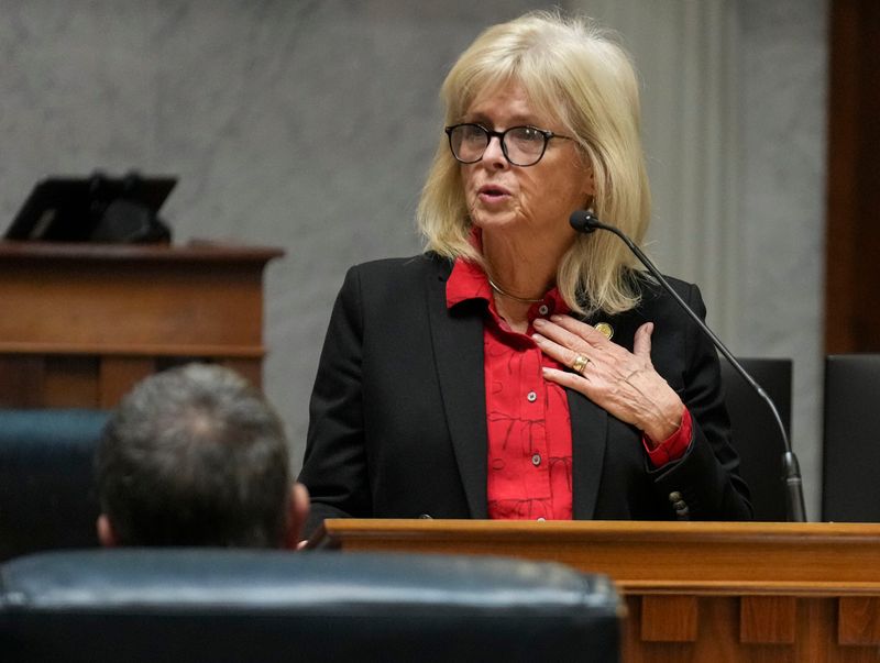 Indiana state Sen. Liz Brown, R-Fort Wayne, speaks as the Senate gathers during mid-cycle session to vote on redistricting Thursday, Dec. 11, 2025, in the Senate Chambers of the Indiana Statehouse in Indianapolis. The Indiana Senate rejected the redistricting bill with a 19-31 vote.