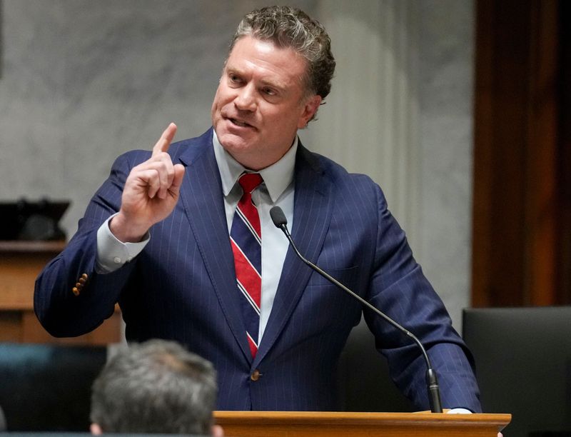 Indiana state Sen. Chris Garten, R-Charlestown, speaks as the Senate gathers during mid-cycle session to vote on redistricting Thursday, Dec. 11, 2025, in the Senate Chambers of the Indiana Statehouse in Indianapolis. The Indiana Senate rejected the redistricting bill with a 19-31 vote.
