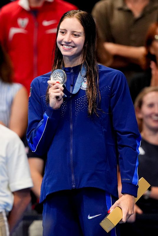 Aug 3, 2024; Nanterre, France; Kate Douglass (USA) in the women’s 200-meter individual medley medal ceremony during the Paris 2024 Olympic Summer Games at Paris La Défense Arena. Mandatory Credit: Rob Schumacher-USA TODAY Sports