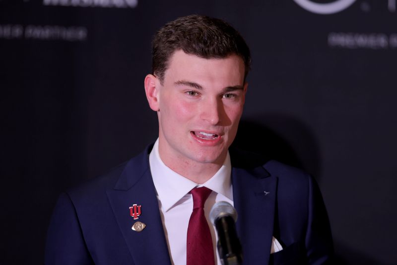 Dec 13, 2025; New York, NY, USA; Indiana Hoosiers quarterback Fernando Mendoza speaks to the media during a press conference at the New York Marriott Marquis before the presentation of the Heisman trophy. Mandatory Credit: Brad Penner-Imagn Images
