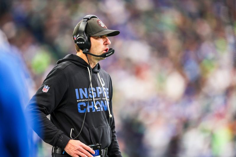 Dec 14, 2025; Seattle, Washington, USA; Indianapolis Colts head coach Shane Steichen stands on the sideline during the fourth quarter against the Seattle Seahawks at Lumen Field. Mandatory Credit: Kevin Ng-Imagn Images