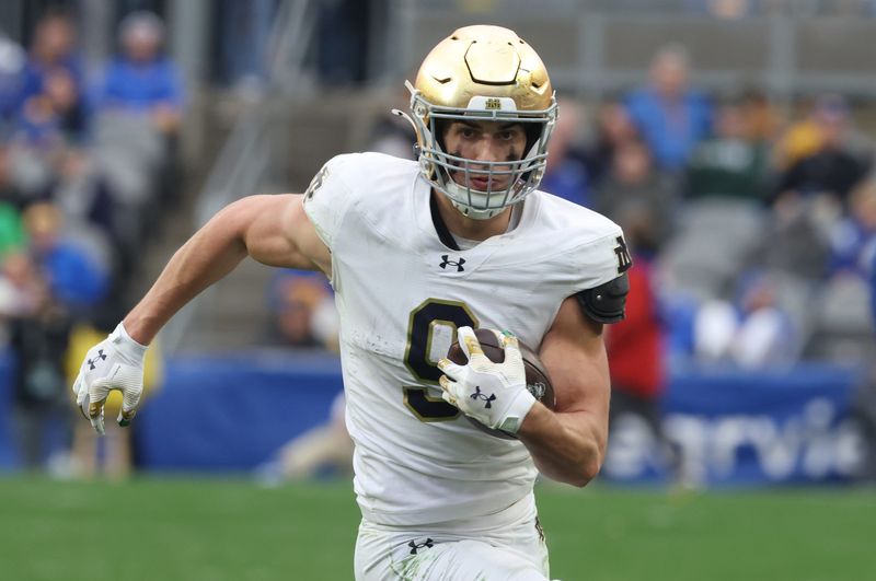 Nov 15, 2025; Pittsburgh, Pennsylvania, USA; Notre Dame Fighting Irish tight end Eli Raridon (9) runs after a catch against the Pittsburgh Panthers during the fourth quarter at Acrisure Stadium. Mandatory Credit: Charles LeClaire-Imagn Images