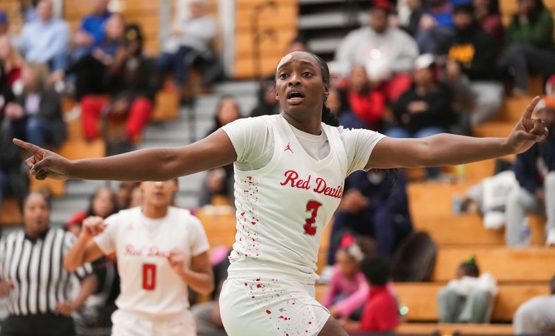 Pike Red Devils Komari Booker (2) rushes up the court Monday, Dec. 15, 2025, during the game at Lawrence North High School in Indianapolis. The Pike Red Devils defeated the Roncalli Royals.