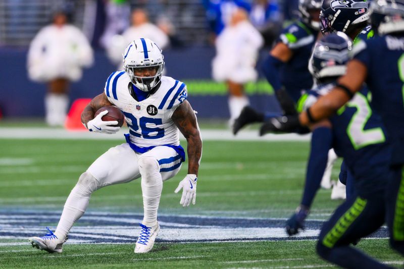 Dec 14, 2025; Seattle, Washington, USA; Indianapolis Colts running back Ameer Abdullah (26) runs for yards after the catch against the Seattle Seahawks during the fourth quarter at Lumen Field. Mandatory Credit: Steven Bisig-Imagn Images