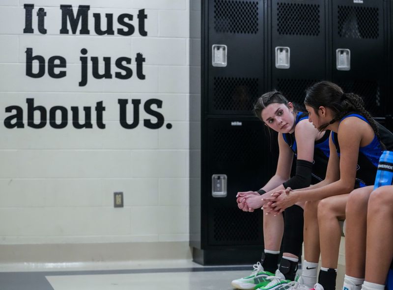 Eastern Hancock Royals guard Kenzie Koch (1) and Eastern Hancock Royals guard Bella Sotelo (2) talk in the locker room Tuesday, Dec. 16, 2025, at halftime of a game between the Lapel Bulldogs and the Eastern Hancock Royals at Lapel High School. The Bulldogs defeated the Royals, 65-62.