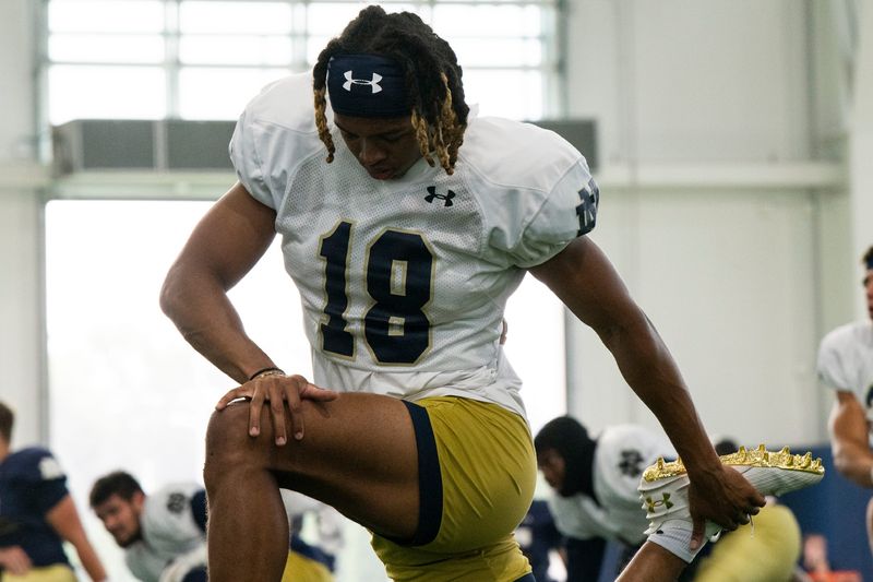 Chance Tucker CB of the Fighting Irish at Notre Dame football practice at the Irish Athletic Center on August 10, 2023.