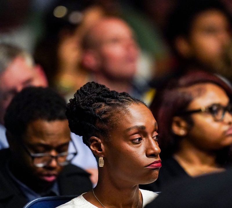 Community members listens to a speaker Wednesday, Dec. 17, 2025, during a meeting as ILEA takes its final vote on recommendations for the future of IPS at the City-County Building in Indianapolis.