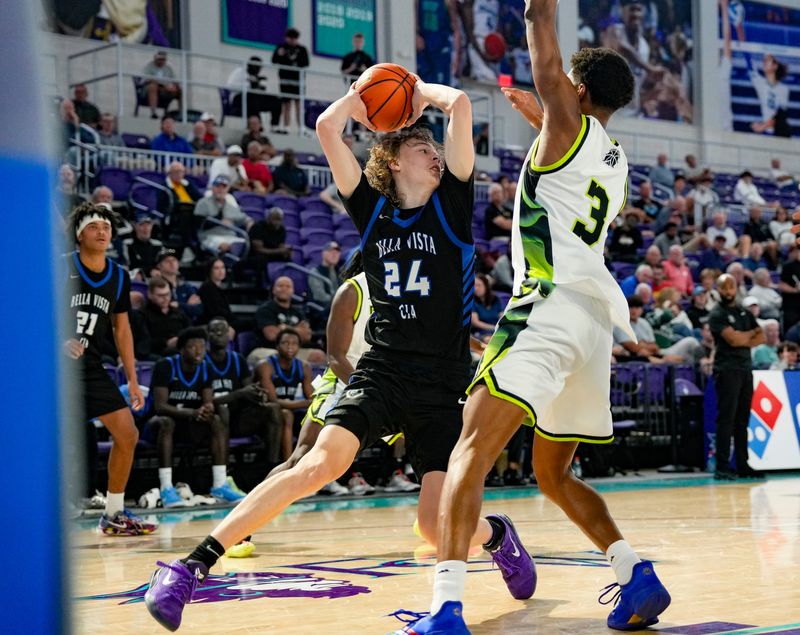 CIA-Bella Vista Bears forward Vaughn Karvala (24) tries to pass the ball as Prolific Prep Crew guard Bruce Branch II (3) guards him during the third quarter of a City of Palms Classic Signature Series game at Suncoast Credit Union Arena in Fort Myers, Fla., on Friday, Dec. 19, 2025.