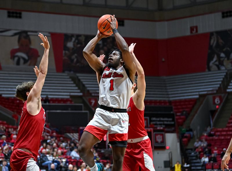 Ball State guard Elmore James IV (1) puts up a jump shot during Ball State's 86-77 loss to Miami (Ohio) at Worthen Arena on Saturday, Dec. 20, 2025.
