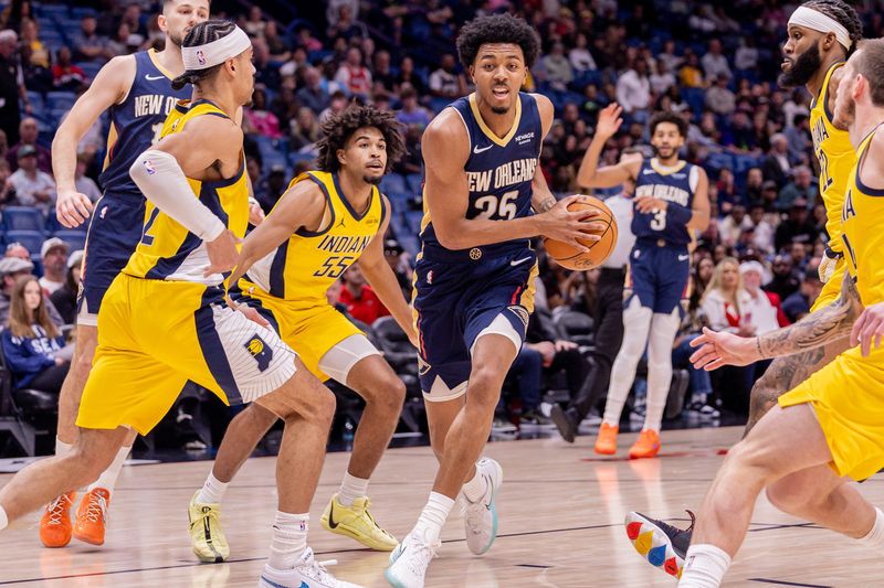 Dec 20, 2025; New Orleans, Louisiana, USA; New Orleans Pelicans forward Trey Murphy III (25) dribbles against Indiana Pacers forward Isaiah Jackson (22) during the first half at Smoothie King Center. Mandatory Credit: Stephen Lew-Imagn Images