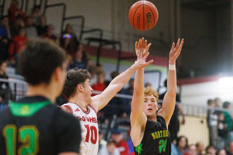 Northridge's Hayden Johnson (24) shoots the ball during an IHSAA boys basketball game between Goshen and Northridge at Goshen High School on Saturday, Dec. 20, 2025, in Goshen.
