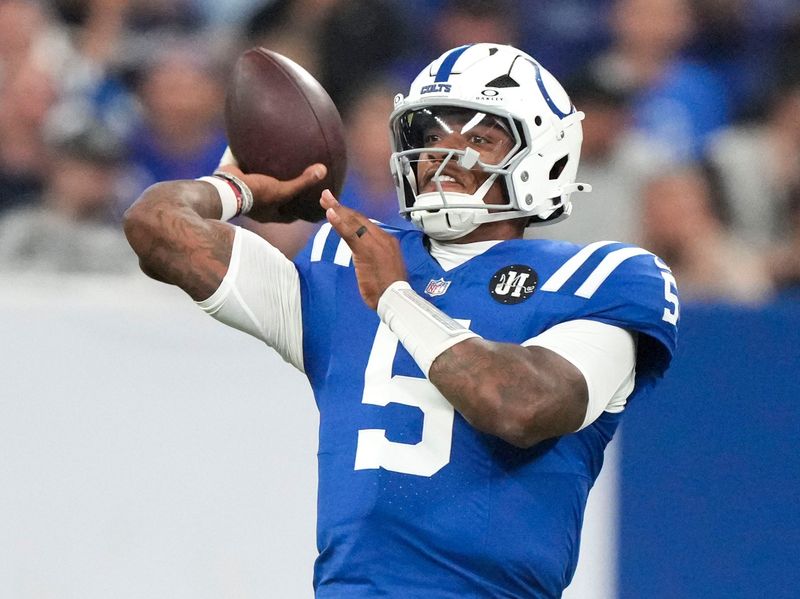 Indianapolis Colts quarterback Anthony Richardson (5) throws a pass Sunday, Oct. 5, 2025, during a game against the Las Vegas Raiders at Lucas Oil Stadium in Indianapolis. The Colts defeated the Raiders 40-6.