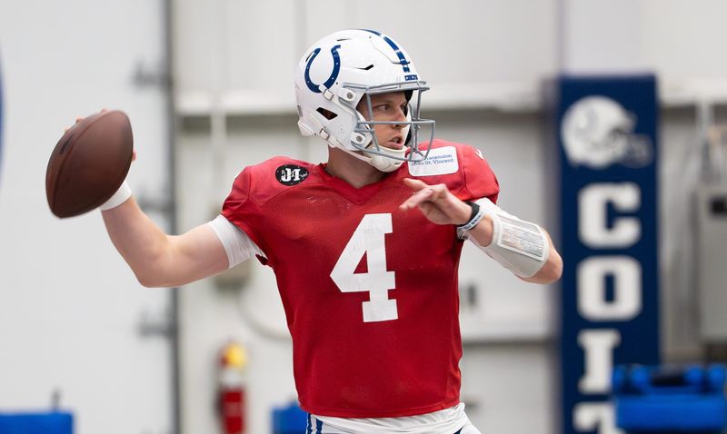 Indianapolis Colts quarterback Brett Rypien (4) delivers a pass Wednesday, Dec. 10, 2025, during practice at the Colts training facility in Indianapolis.