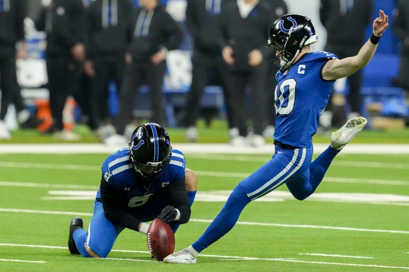 Indianapolis Colts kicker Blake Grupe (10) kicks a field goal Monday, Dec. 22, 2025, during a game against the San Francisco 49ers at Lucas Oil Stadium in Indianapolis.