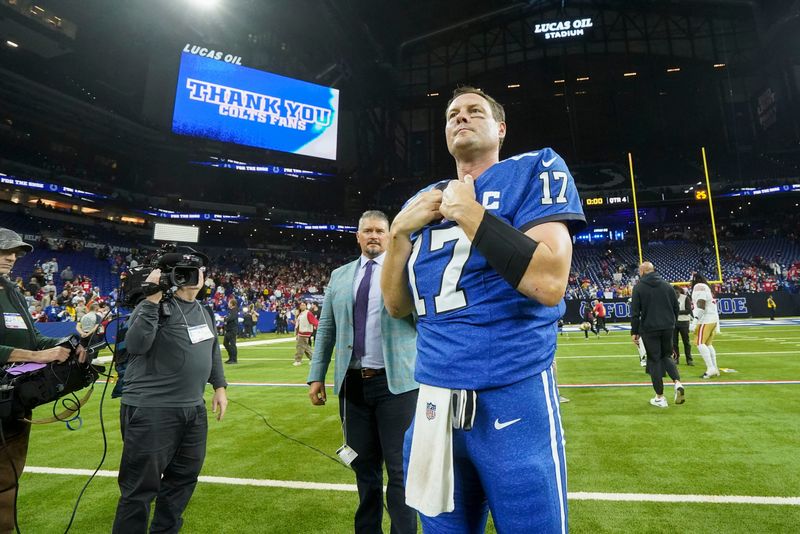Indianapolis Colts quarterback Philip Rivers (17) stands on the field Monday, Dec. 22, 2025, after losing a game against the San Francisco 49ers at Lucas Oil Stadium in Indianapolis.