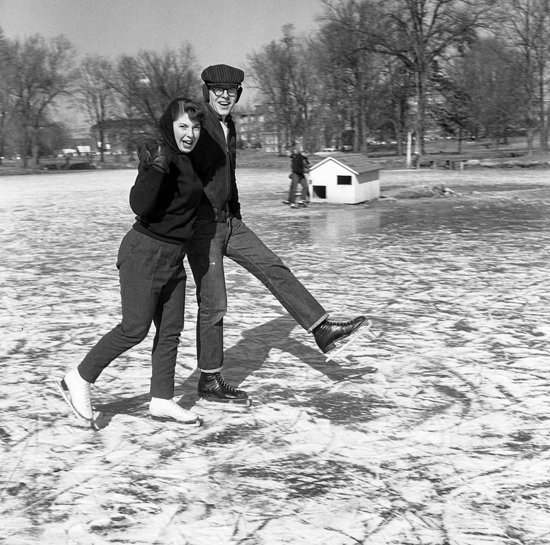 People skate on the frozen lake at Woodmere Hospital, now known as the Evansville State Hospital Grounds, in early January 1957.