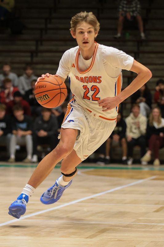 Silver Creek Dane Caldwell (22) works to bring the ball down court as the Northview Knights battled the Silver Creek Dragons in the Henry Community Health Boys’ Hall of Fame Classic Consolation Game, Dec 23, 2025; New Castle, IN, at New Castle Fieldhouse.