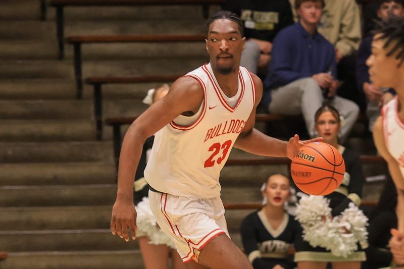 Crown Point Bulldogs Dikembe Shaw (23) brings the ball into play as the Crown Point Bulldogs battled the Mt. Vernon Marauders in the Henry Community Health Boys’ Hall of Fame Classic Championship Game, Dec 23, 2025; New Castle, IN, at New Castle Fieldhouse.
