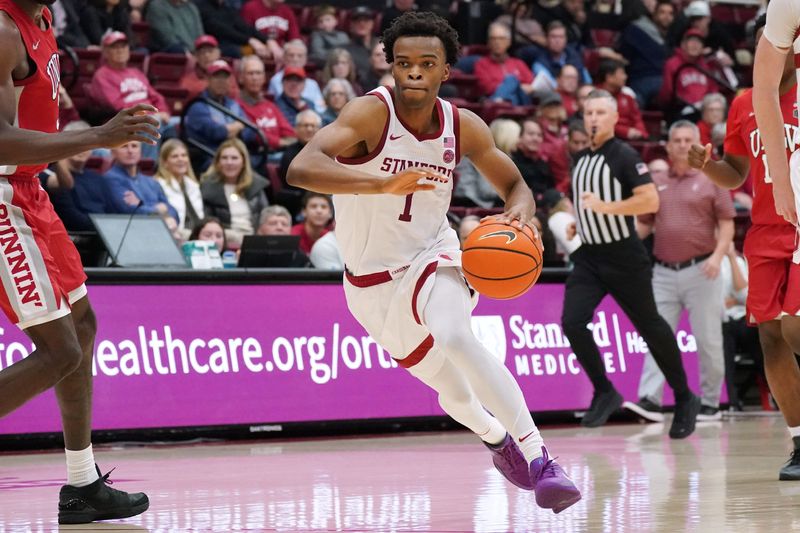 Dec 7, 2025; Stanford, California, USA; Stanford Cardinal guard Ebuka Okorie (1) dribbles to the basket against the UNLV Runnin' Rebels in the first half at Maples Pavilion. Mandatory Credit: David Gonzales-Imagn Images
