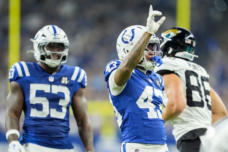 Indianapolis Colts cornerback Cameron Mitchell (43) celebrates after breaking up a pass Sunday, Dec. 28, 2025, during a game against the Jacksonville Jaguars at Lucas Oil Stadium in Indianapolis.