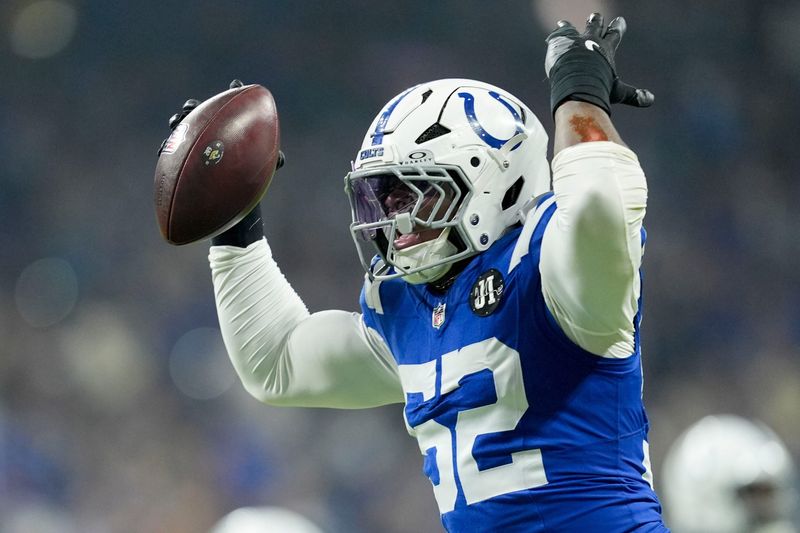 Indianapolis Colts defensive end Samson Ebukam (52) celebrates after recovering a fumble Sunday, Dec. 28, 2025, during a game against the Jacksonville Jaguars at Lucas Oil Stadium in Indianapolis.