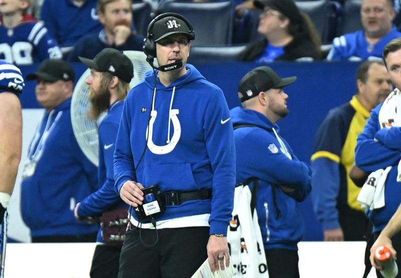 Dec 28, 2025; Indianapolis, Indiana, USA; Indianapolis Colts head coach Shane Steichen during the second half against the Jacksonville Jaguars at Lucas Oil Stadium. Mandatory Credit: Robert Goddin-Imagn Images