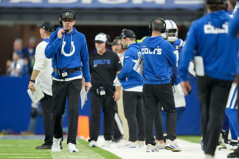 Indianapolis Colts head coach Shane Steichen walks the sideline Sunday, Dec. 28, 2025, during a game against the Jacksonville Jaguars at Lucas Oil Stadium in Indianapolis.