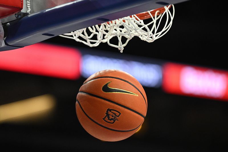 Dec 30, 2025; Omaha, Nebraska, USA; General view of a basketball before the game between the Creighton Bluejays and the Butler Bulldogs at CHI Health Center Omaha. Mandatory Credit: Steven Branscombe-Imagn Images