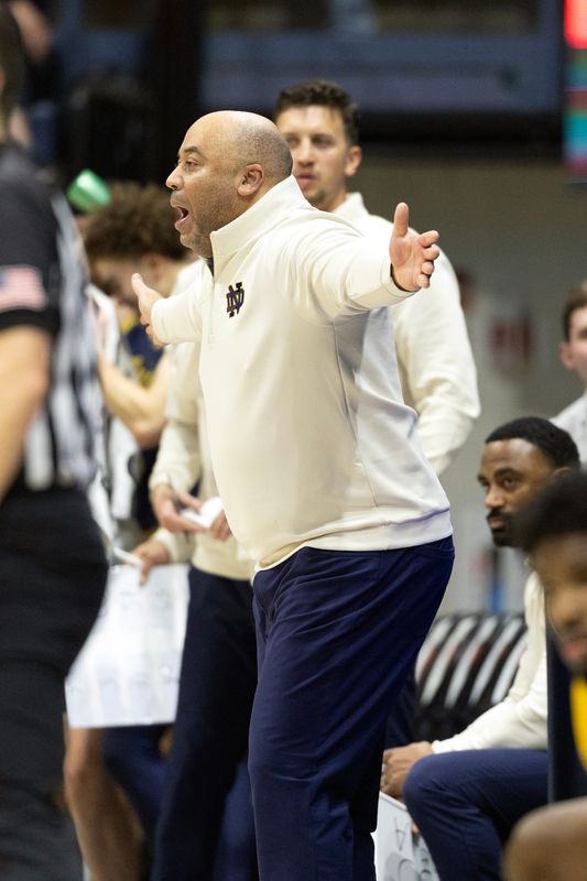 Notre Dame Fighting Irish head coach Micah Shrewsberry shouts instructions to his players during the first half against the California Golden Bears at Haas Pavilion.