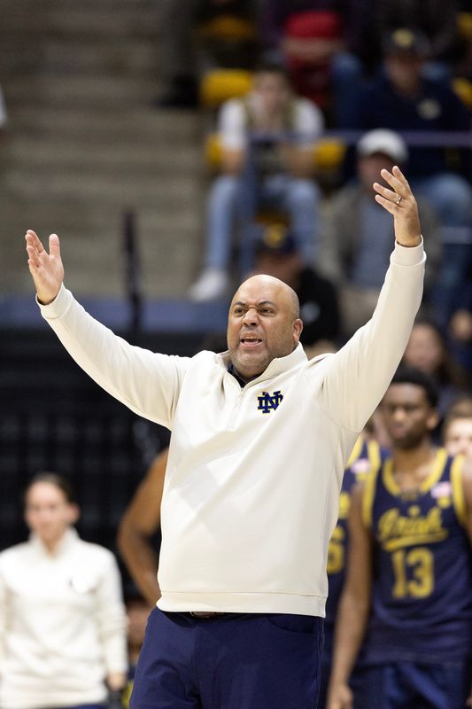 Jan 2, 2026; Berkeley, California, USA; Notre Dame Fighting Irish head coach Micah Shrewsberry argues a foul call against his team during the second half with the California Golden Bears at Haas Pavilion. Mandatory Credit: D. Ross Cameron-Imagn Images