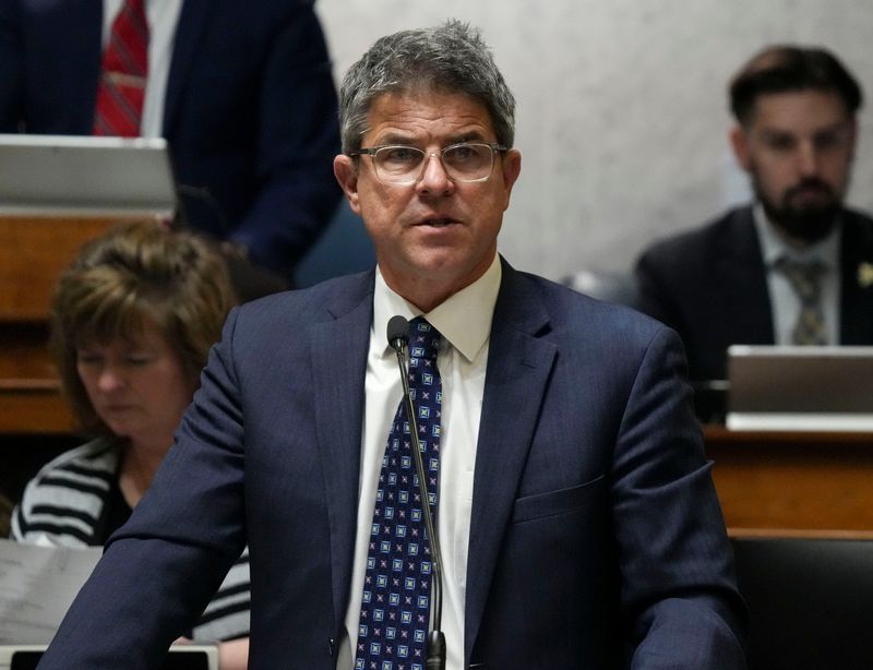 Senate President Pro Tempore Rodric Bray speaks as lawmakers return for the 2026 legislative session Monday, Jan. 5, 2026, at the Indiana Statehouse in downtown Indianapolis.