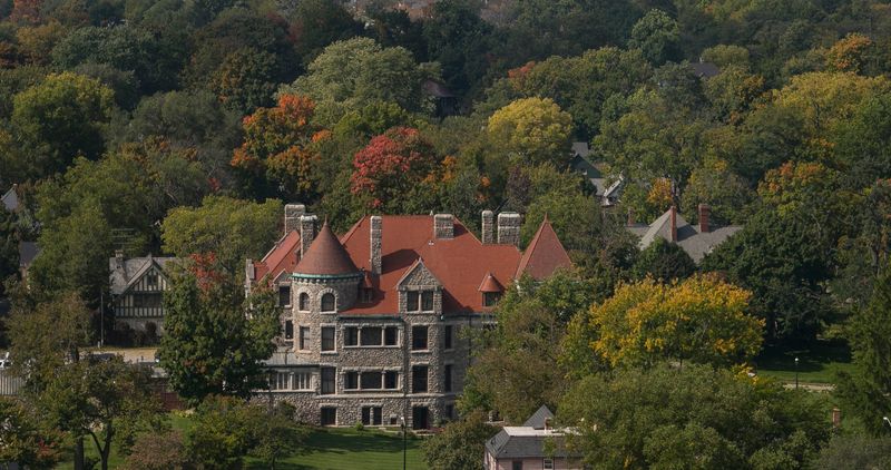 Though few leaves had fallen on Oct. 14, 2014, autumn colors had started to emerge, as seen around Tippecanoe Place in South Bend.