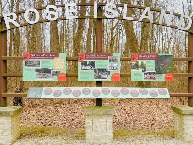 The sign at Rose Island in Charlestown State Park.