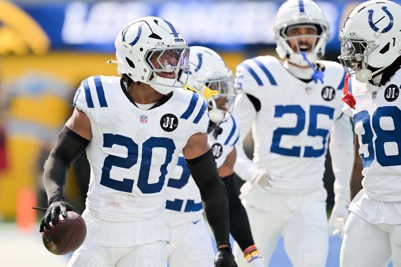Oct 19, 2025; Inglewood, California, USA; Indianapolis Colts safety Nick Cross (20) celebrates an interception in the first half against the Los Angeles Chargers at SoFi Stadium. Mandatory Credit: Jayne Kamin-Oncea-Imagn Images