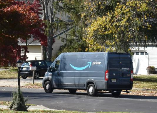 An Amazon truck is shown while delivering packages to South Jersey homes.
