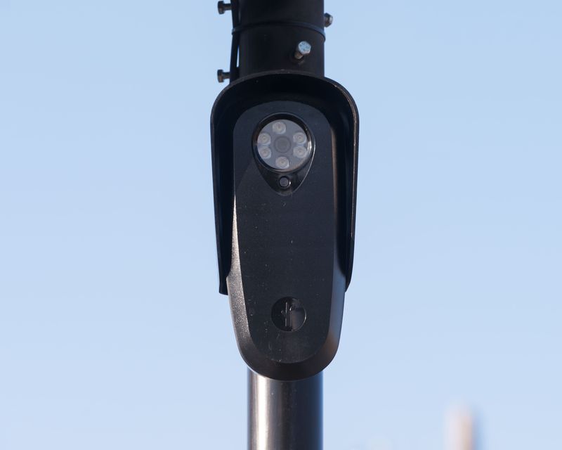 A Flock Safety Falcon camera stands watch along the Ohio River Scenic Byway in downtown Evansville, Indiana, on Tuesday, Jan. 6, 2025. The cameras are the first link in a nationwide surveillance network tracking Americans' movements.