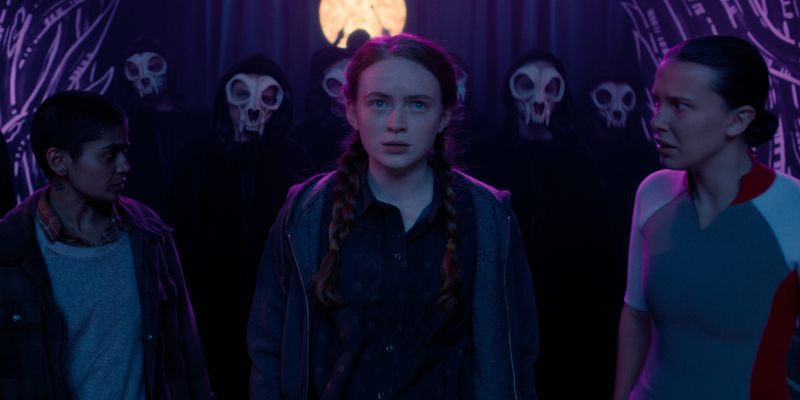 (L to R) Linnea Berthelsen as Kali, Sadie Sink as Max Mayfield, and Millie Bobby Brown as Eleven in "Stranger Things" Season 5.
