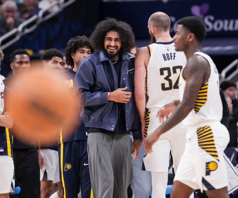 Indiana Pacers forward Obi Toppin (1) smiles Saturday, Jan. 10, 2026, during the second half of a game at Gainbridge Fieldhouse in Indianapolis. The Indiana Pacers defeated the Miami Heat, 123-99.