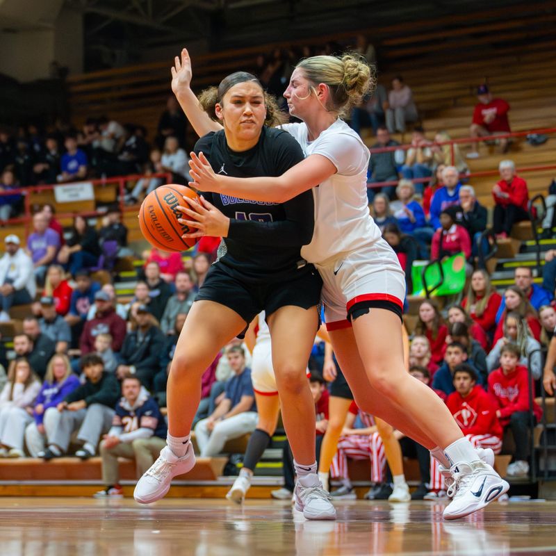 Brownsburg High School junior Bri Brown (10) is defended by Plainfield High School junior Hannah Menser (22) during the first half of a Hendricks County Tourney championship girls’ basketball game, Saturday, Jan. 10, 2026, at Danville High School.