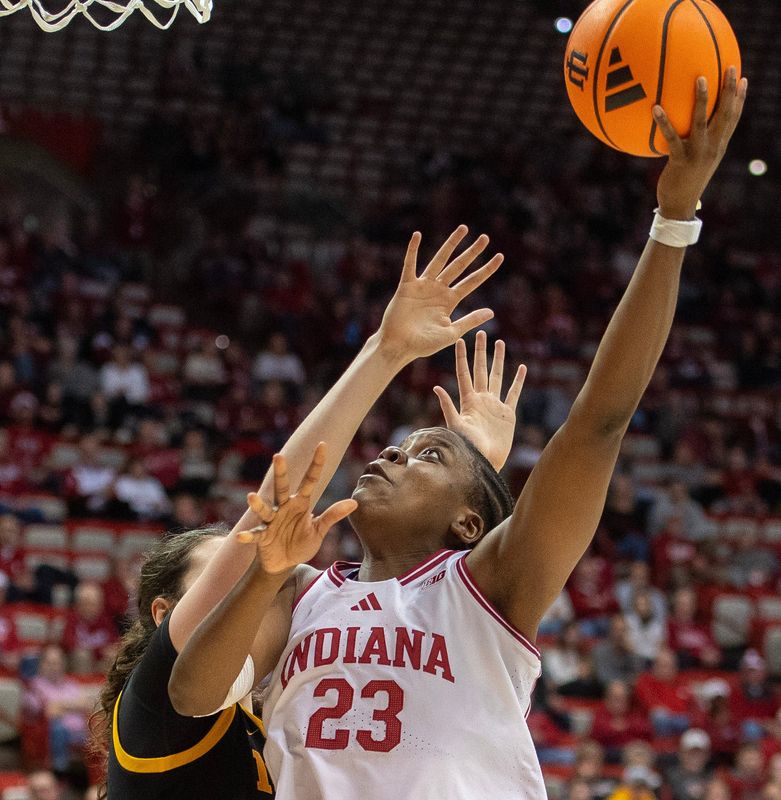 Indiana's Zania Socka-Nguemen (23) shoots during the Indiana versus Iowa womens basketball game at Simon Skjodt Assembly Hall on Sunday, Jan. 11, 2026.