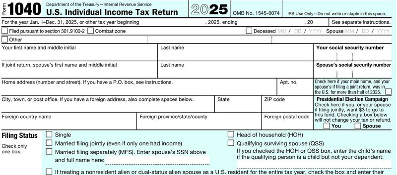 Form 1040 for filing 2025 taxes.