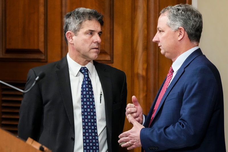 Senate President Pro Tempore Rodric Bray, R-Martinsville, speaks with House Speaker Todd Huston on Wednesday, Jan. 14, 2026, during Gov. Mike Braun's second State of the State address to the General Assembly at the Indiana State Capitol in Indianapolis.