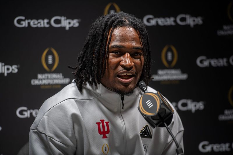 Indiana's Kaelon Black answers questions at Media Day during the College Football Playoff on Saturday, Jan. 17, 2026.